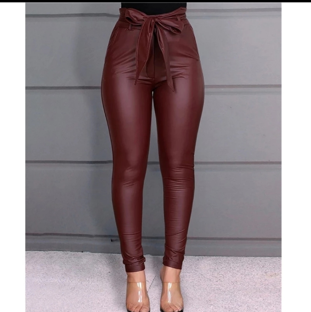Paperbag Waist Faux Leather Pants - Picture 4 of 8